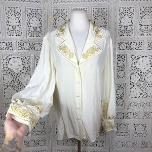 Vtg NWT 80's Diane Von Furstenberg 100% Silk Embroided Button Up Blouse Sz Large